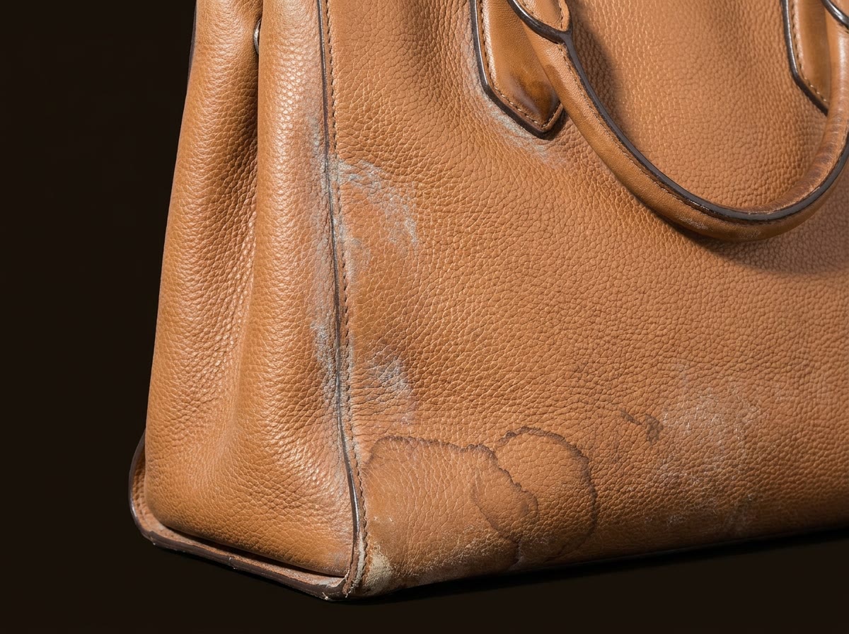 Sac en cuir grainé avant soin : voile de moisissure le long des coutures, auréoles d'humidité sur le panneau, tranche usée à l'angle inférieur.